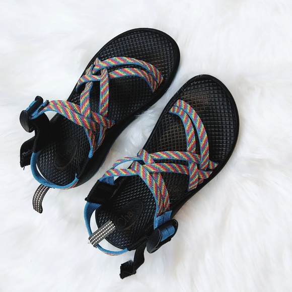 blue and pink chacos